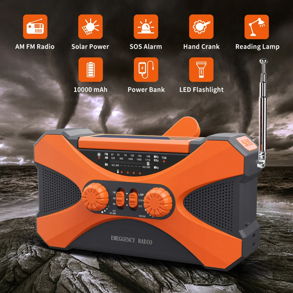 

10000mAh Multifunctional Radio Hand Crank Solar USB Charging FM AM WB NOAA Weather Radio LED Flashlight Torch Power