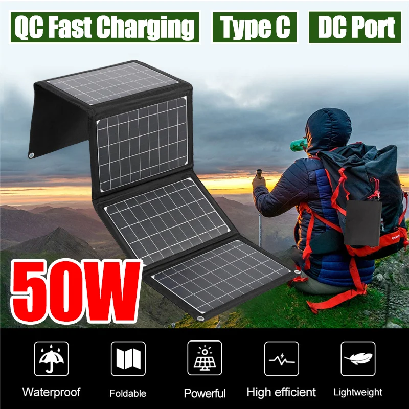 

50W Portable Solar Panel Fast Charger Double USB 5V 18V DC Outdoor Foldable Solar Cells Kit Complete For Phone Charge Power Bank