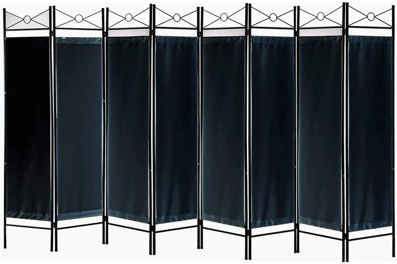 

8 Panel Metal and Woven Fabric Room Divider with Two Way Hinges Black Color
