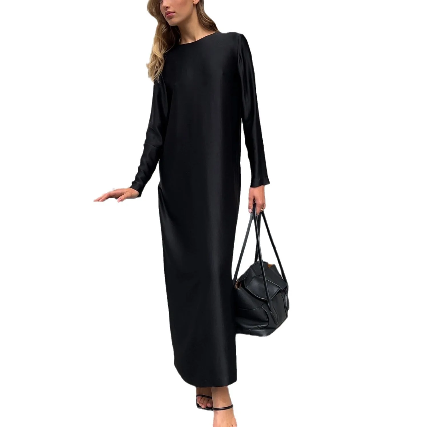 Outono inverno nova feminina cetim drapeado saia longa moda cor sólida manga comprida vestido solto diário combinando deslocamento wear