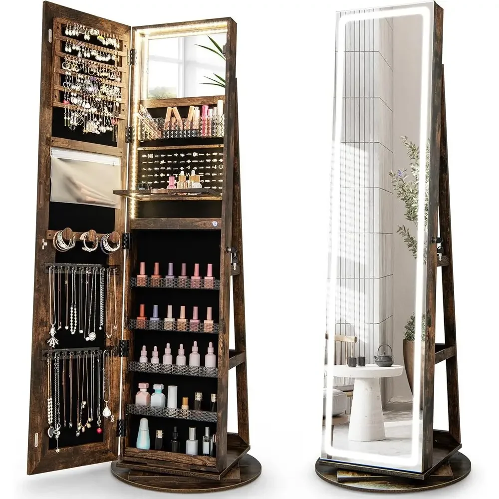 360° Swiveling Lockable Jewelry Cabinet with LED Lights, Full-Length Mirror, and Foldable Makeup Shelf - Rustic Brown