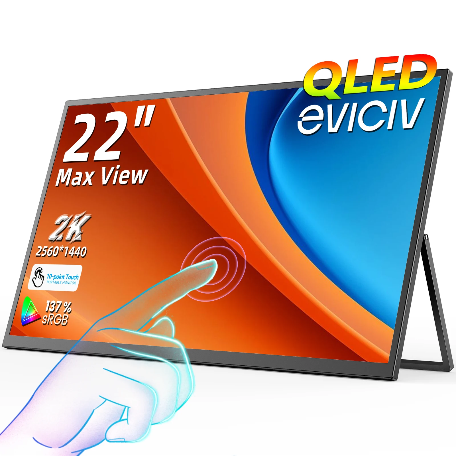EVICIV 2K QLED Monitor portátil pantalla táctil de 22 pulgadas 137% sRGB Monitor de viajes con altavoz de soporte ajustable VESA montable
