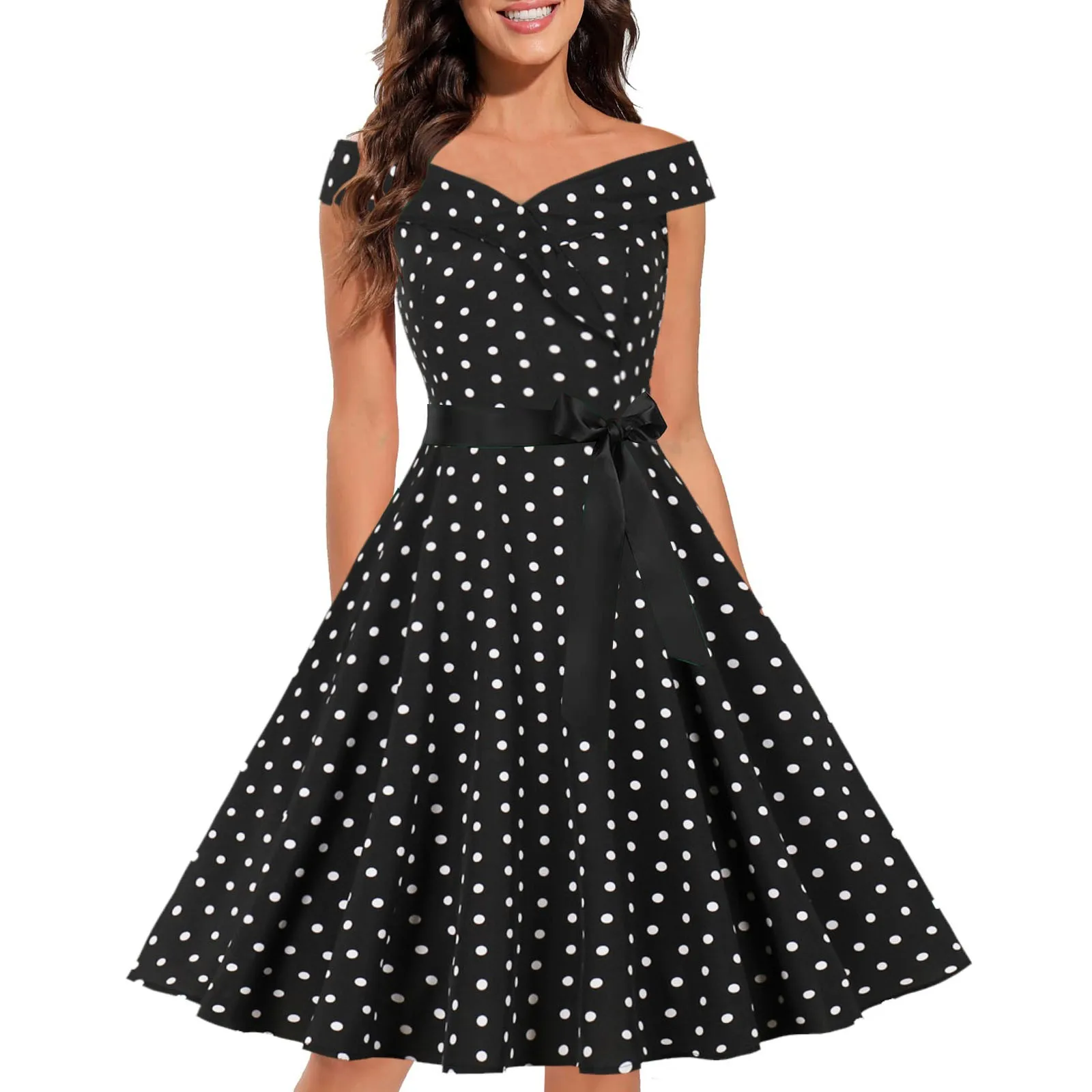 Women\'s Vintage Cocktail Dress 1950s Retro Sleeveless Polka Dot Swing Party Dress Loose Casual Waist Bow Tie Fashion Dress