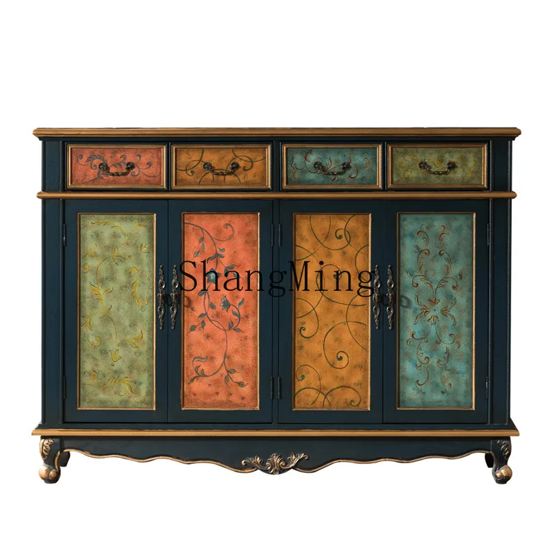

ZYY all solid wood shoe cabinet large capacity four buckets four doors blue locker retro painted furniture