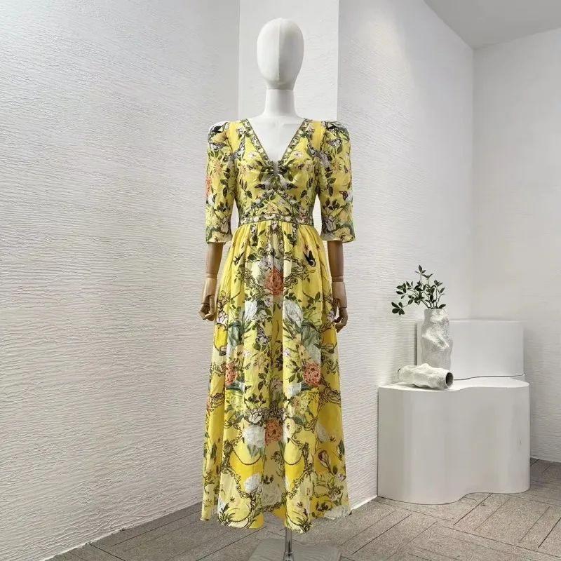 Half Sleeve Holiday 2024 New Yellow Floral Butterfly Print Linen High Quality Deep V-Neck Diamonds Pressed Women Midi Dress