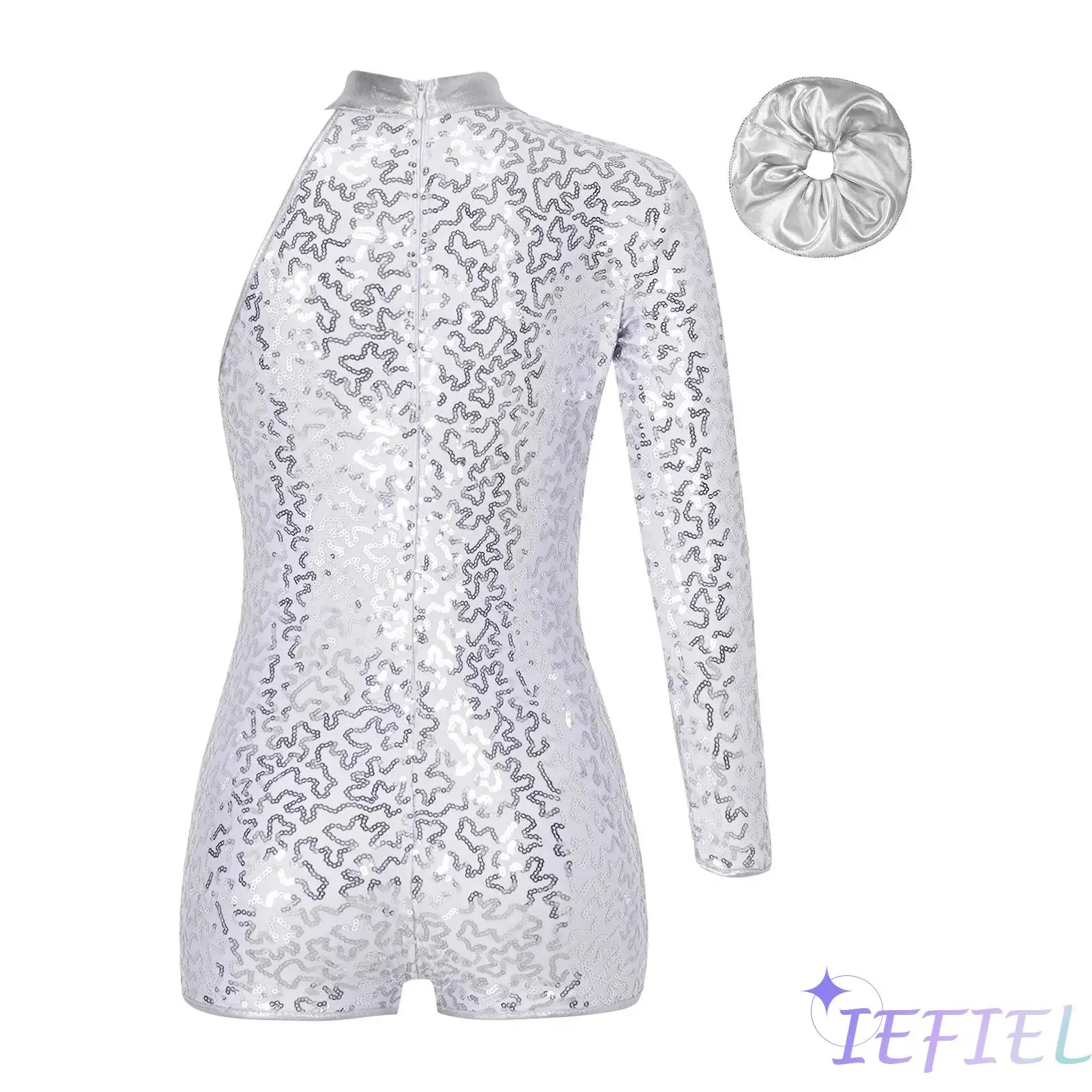 

2Pcs Girls Jazz Dance Outfit One Shoulder Long Sleeve Invisible Zipper Shiny Sequins Leotard+Hair Band Practice Dancing Custome