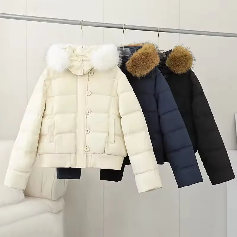 Women's Winter Thick Puffer Cotton Coat Warm Outwear with Faux Fur Removable Hood Short Quilted Jacket Puffy Bubble Coat