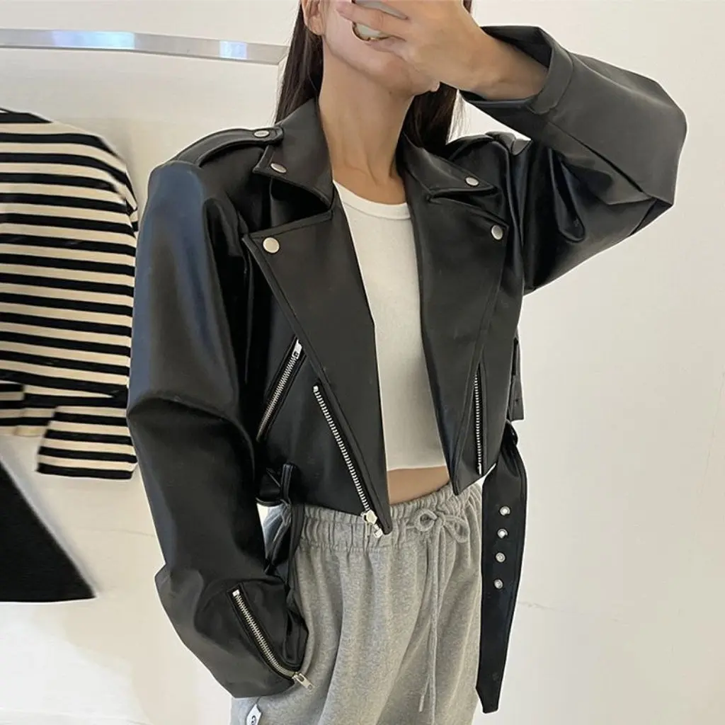 Women's Short Motorcycle Leather Jacket Black High-End Spring Collar Large Flap Pocket PU Leather Coat