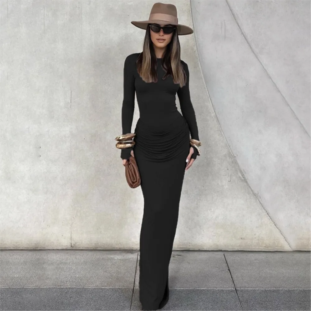 

Sexy Slim Dress Autumn Winter Solid Color Fashionable Casual Evening Dress Pleated Long Sleeves High Waist Round Neck Clothes