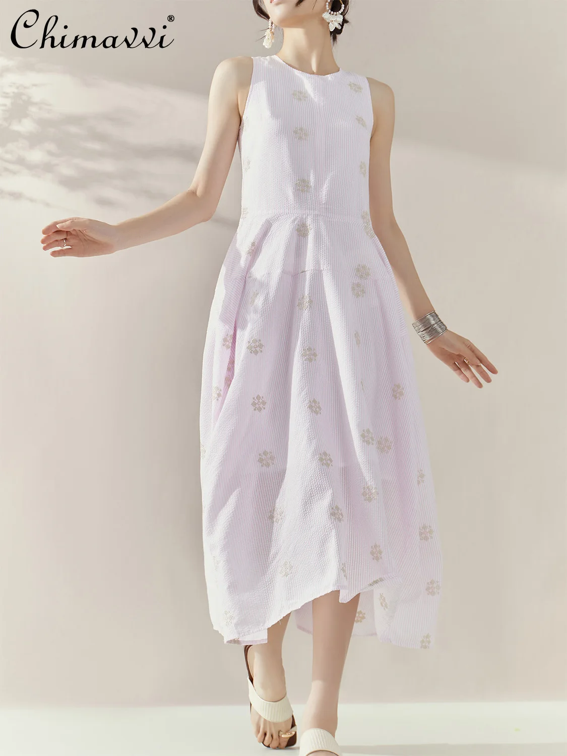 

French Elegant Temperament Summer Dresses Round Neck Sleeveless Embroidered High Waist Slim A-line Sweet Pink Long Dress Women