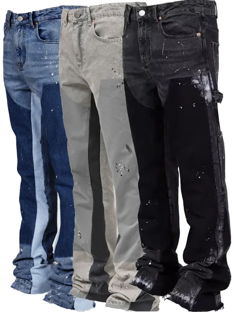 Y2k Kot Erkekler Boyama Yama Baggy Yığılmış Kot Moda Iş Elbisesi Popüler Streç Yama Denim Yığılmış Flare Kot Pantolon