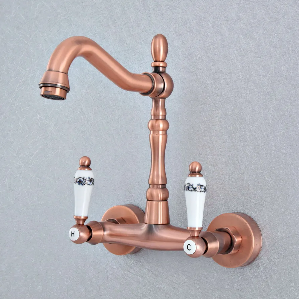 

Antique Red Copper Brass Wall Mounted Kitchen Wet Bar Bathroom Vessel Basin Sink Hot Cold Mixer Tap Swivel Spout Faucet msf876