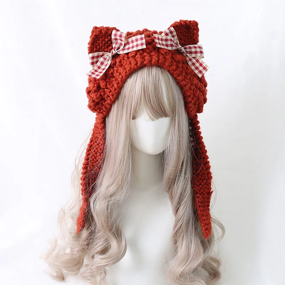 

Fashion Cartoon Knitted Cat Ear Hat With Bow Casual Winter Warm Cap Ear Protection Cute Crochet Wool Hat Outdoor