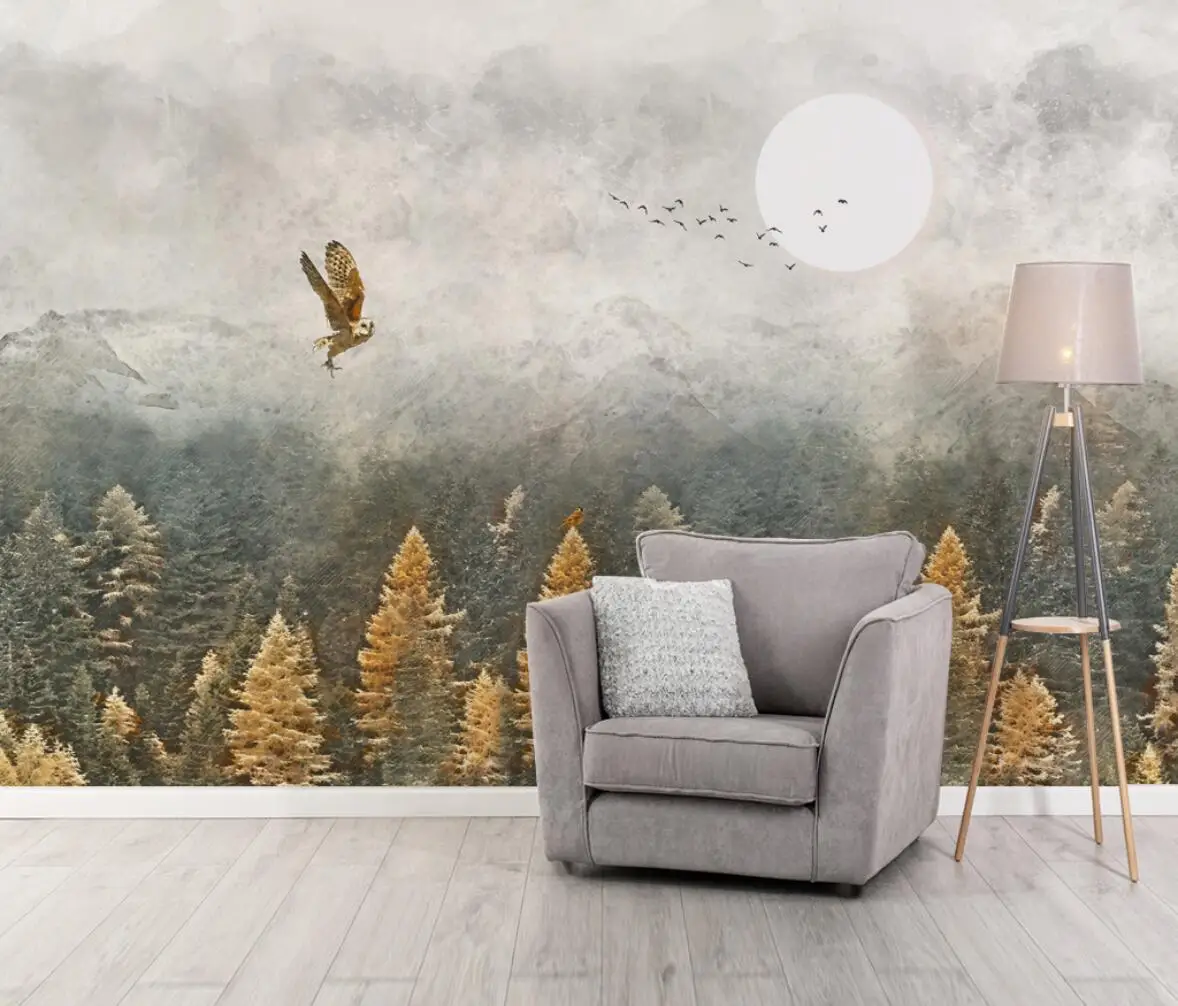 Custom 3D Mural Wallpaper Nordic retro foggy forest birds Art Wall Painting wallpapers for Living Room Bedroom Photo Wall Paper