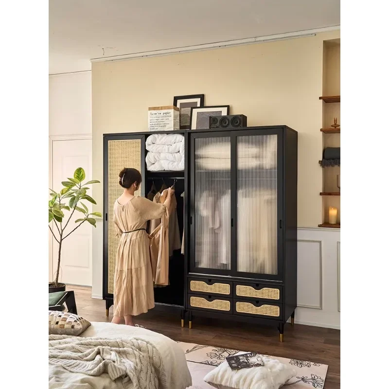 French retro rattan wardrobe combination small apartment household sliding door locker