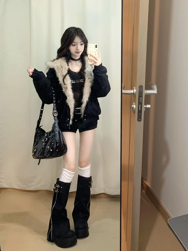 

Y2k American Vintage Long Sleeve Parkas Women Casual Pure Color Zipper Jacket Denim Retro Sweet High Waist 2025 Autumn