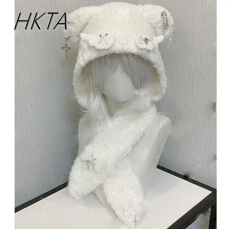 Y2k Subculture Hat Female Cross Bone Star Plush Warm Cute Bone Ears Knitted Hat Women Cute Wings Niche Black White Bonnets Cap