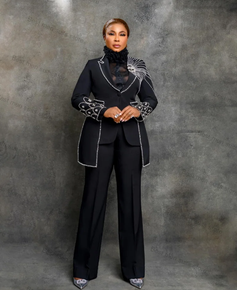 

Luxury Black Crystals Women Suit Pants Set Blazer+Trousers 2 Piece Wedding Tuxedo Jacket Full Sleeves Tailored Office Lady Coat