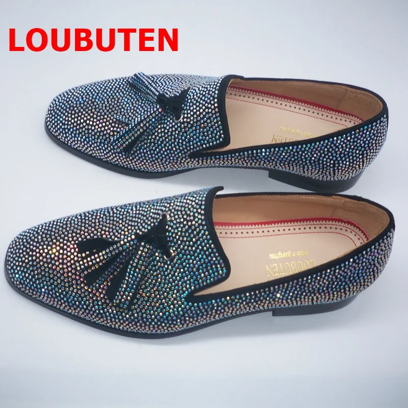 LOUBUTEN Luxury Newest Sparkled Rhinestone Loafers Tassel Men Shoes Stylish Man Dress Shoes Breathable Wedding Shoes