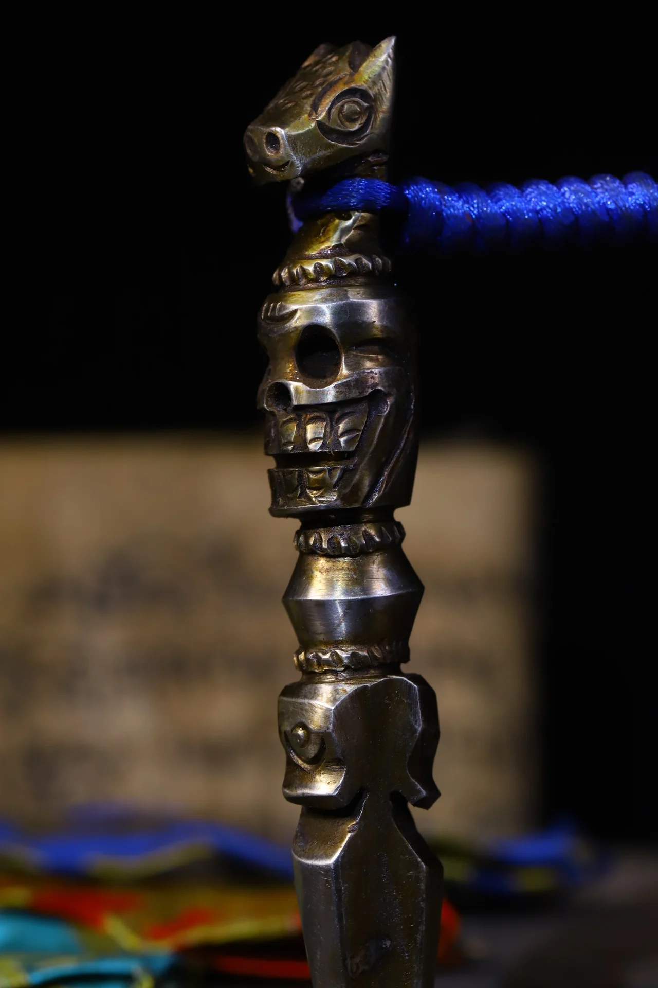 

4"Tibetan Temple Collection Old Tiantie Cinnabar Hayagriva Skull Head Vajra Phurpa Amulet Dharma Pendant Town house Exorcism