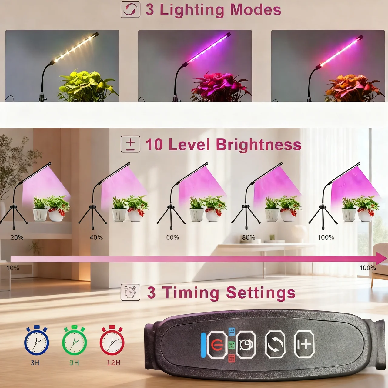 3Colors Tripod Plant Growth Lamp USB Timing Control 3/9/12Hours Indoor Flower Seedling Plant Lighting Dimmable Led Grow Light