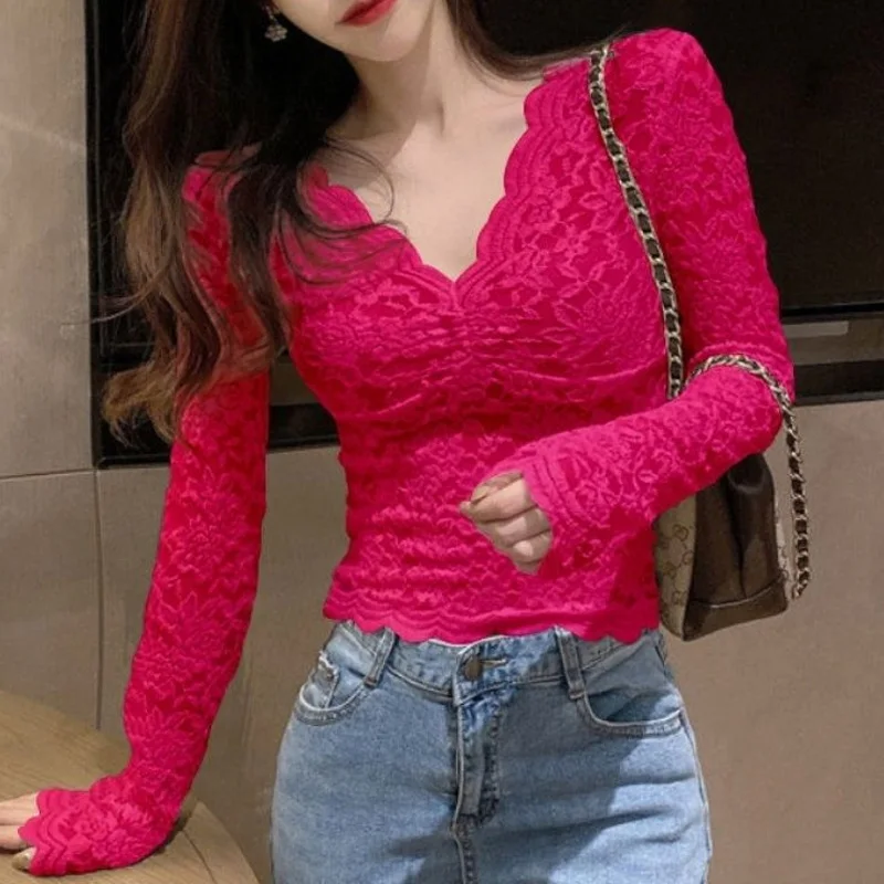 2023 New Spring and Autumn Fashion Western Style Slim Fit Sexy V-neck Mesh Hollow Solid Color Versatile Women\'s T-shirt
