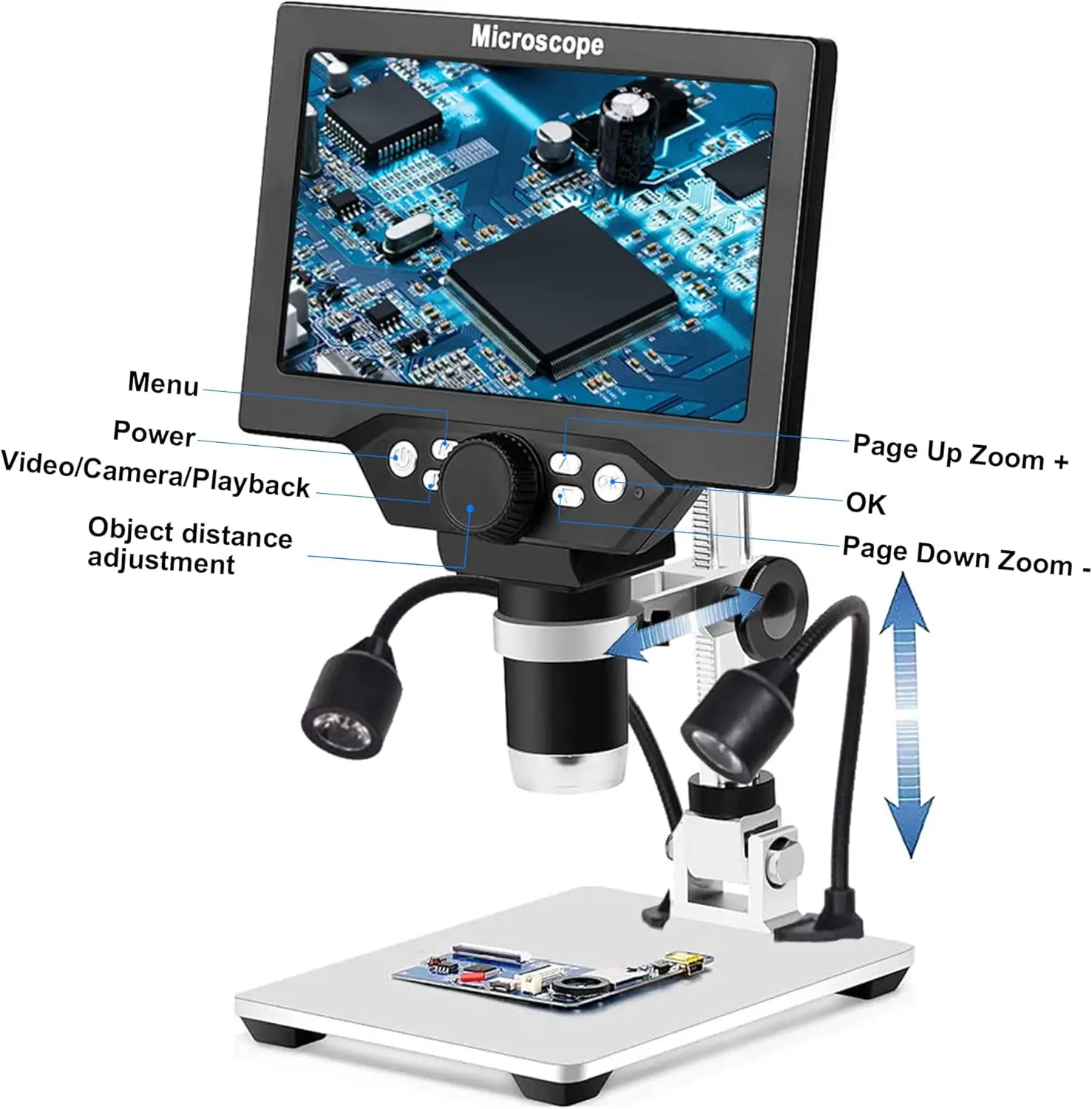 

LCD Digital USB Microscope 7 inches HD Screen 1080P 1200X Magnification Camera Video Recorder Handheld 8 LED Lights PCB Board