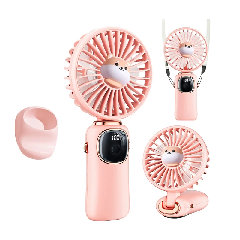 AD-Portable Handheld Fan, 4000MAh Neck Fan with LED Display, Foldable Desk Fan with Base, 5 Speed Fan for Women