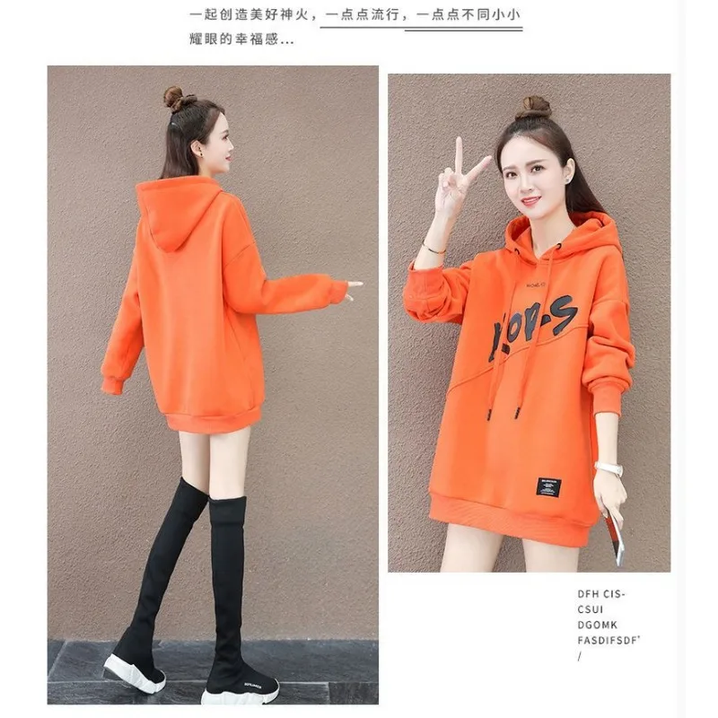 Autumn and Winter Letter Printed Hooded Mid-length Velvet Thickened Sweatshirt for Women Loose Top