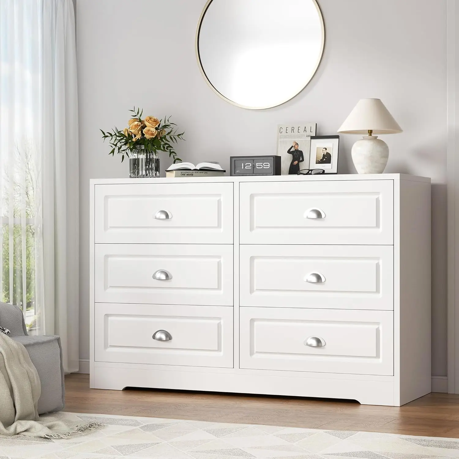 Drawers, White Double Dresser & Chest of Drawers Wooden Organizer with Metal Handle, Storage TV Stand for Living Room