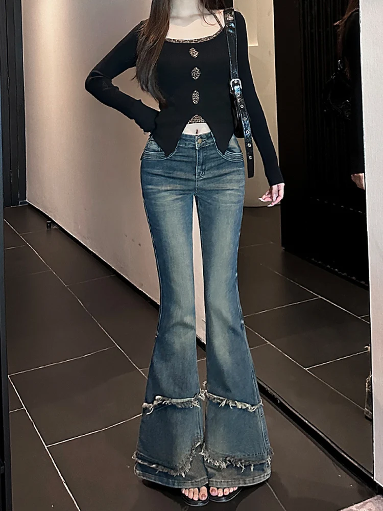 

Slim Fit Bell Bottom Denim Jeans Women's Spicy Girl Pure Desire Style Casual Cotton Polyester Blend Winter Collection