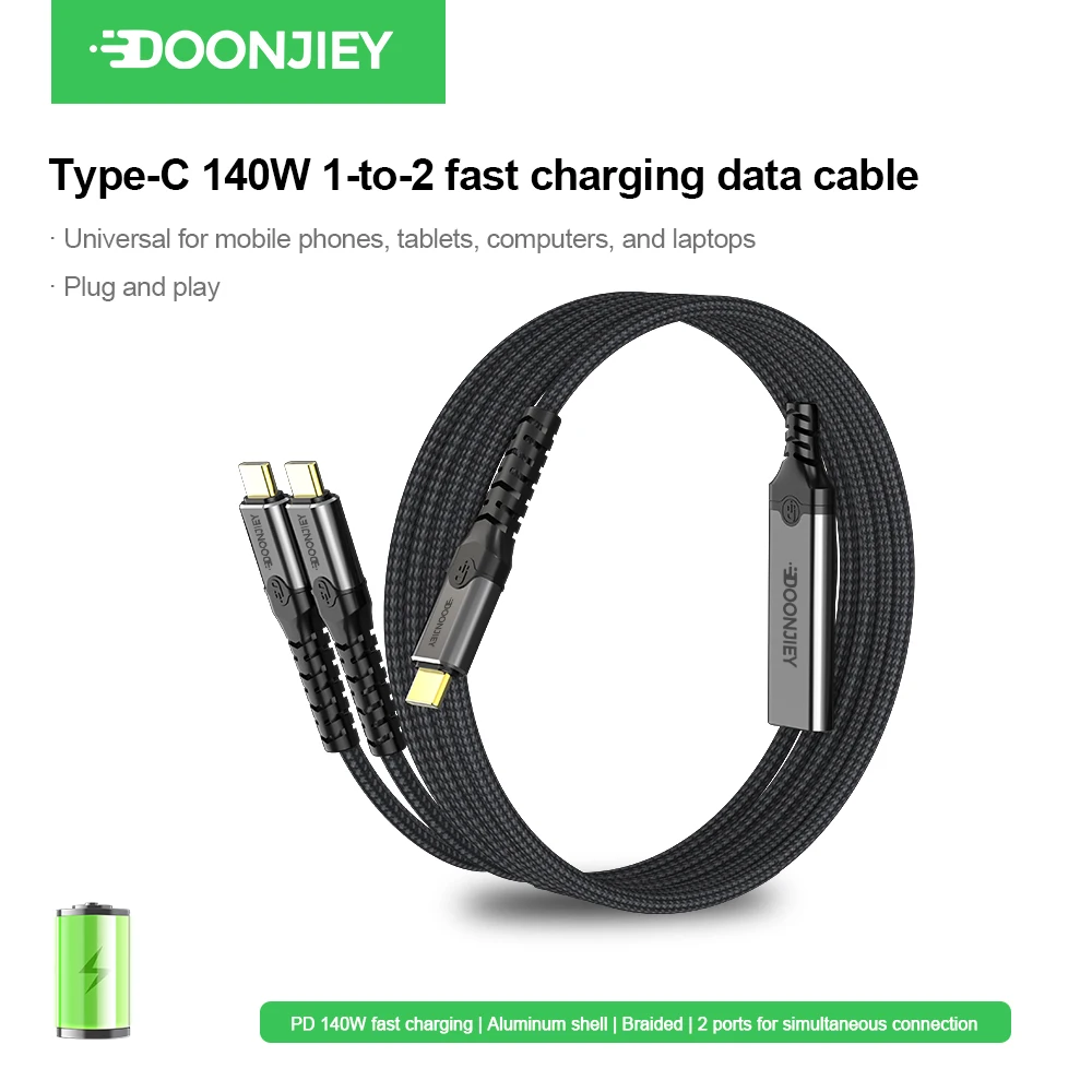 DOONJIEY 140W Cable 2-in-1 Fast Charging Data Cable PD QC USB C to Dual Type-C Wire For Laptop Tablet Samsung iPhone 17 16