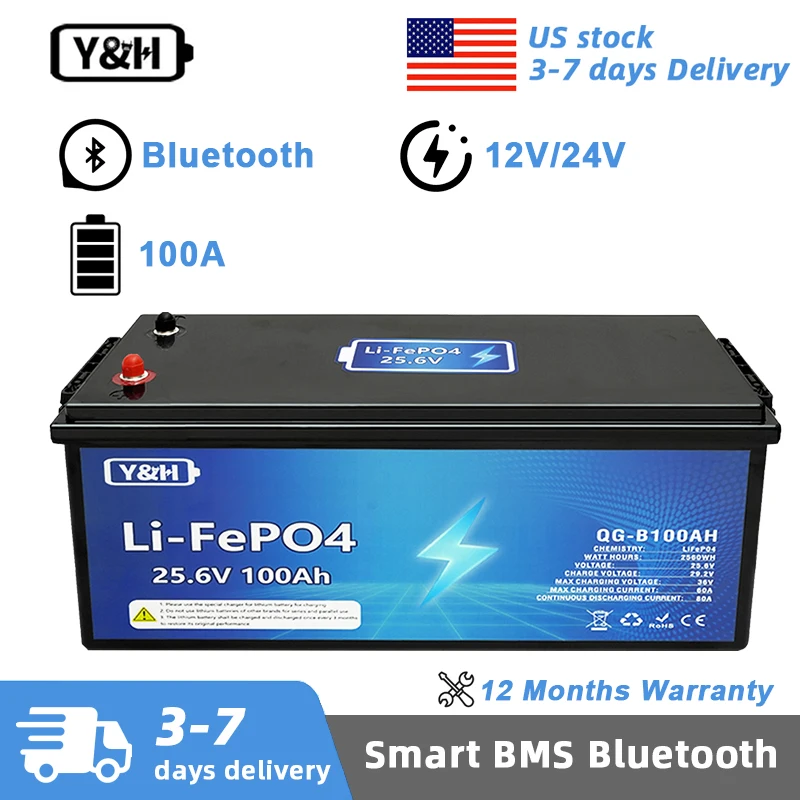 [Local Delivery] Y&H 12V 24V 100Ah LiFePO4 Battery Bluetooth Built-in BMS Grade-A Lithium Battery 1280Wh Deep Cycle Rechargeable 3000+ Cycles Low Temp Protection for RV Solar Marine Boat Trolling Motor Camping Off Grid Energy Storage