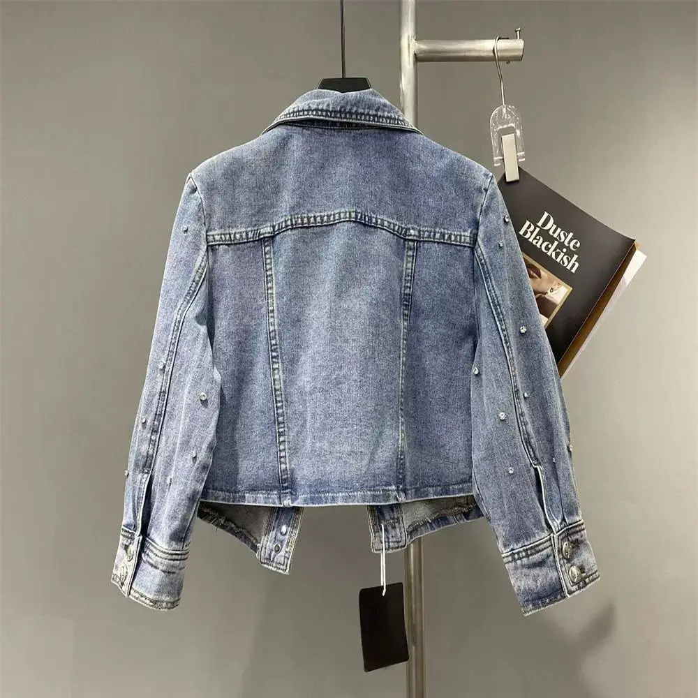 Korean  cow coat new 2025 design temperament coat bright beads autumn fashion trend denim jacket women