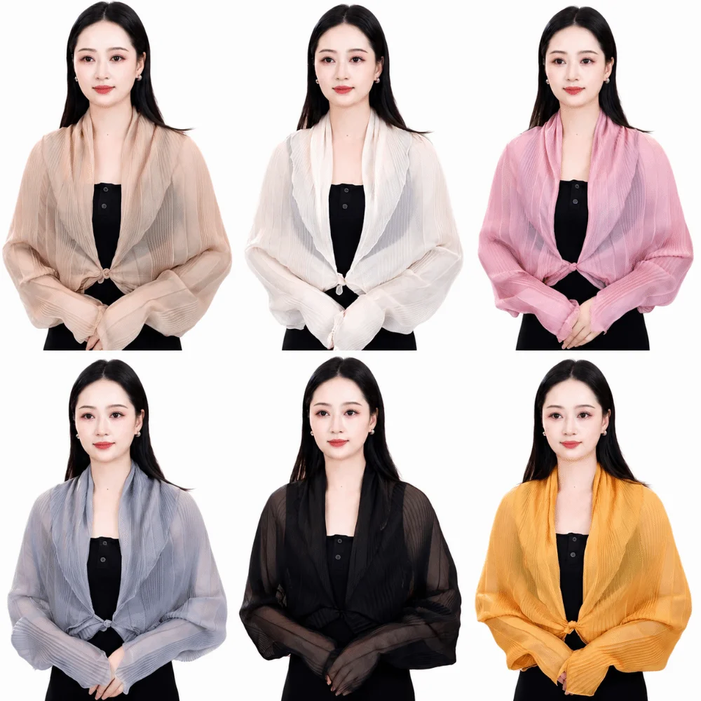 Solid Color Sun Protection Top Round Neck Thin Fabric Sun Protection Shawl Long Sleeve Polyester Material Summer Outerwear