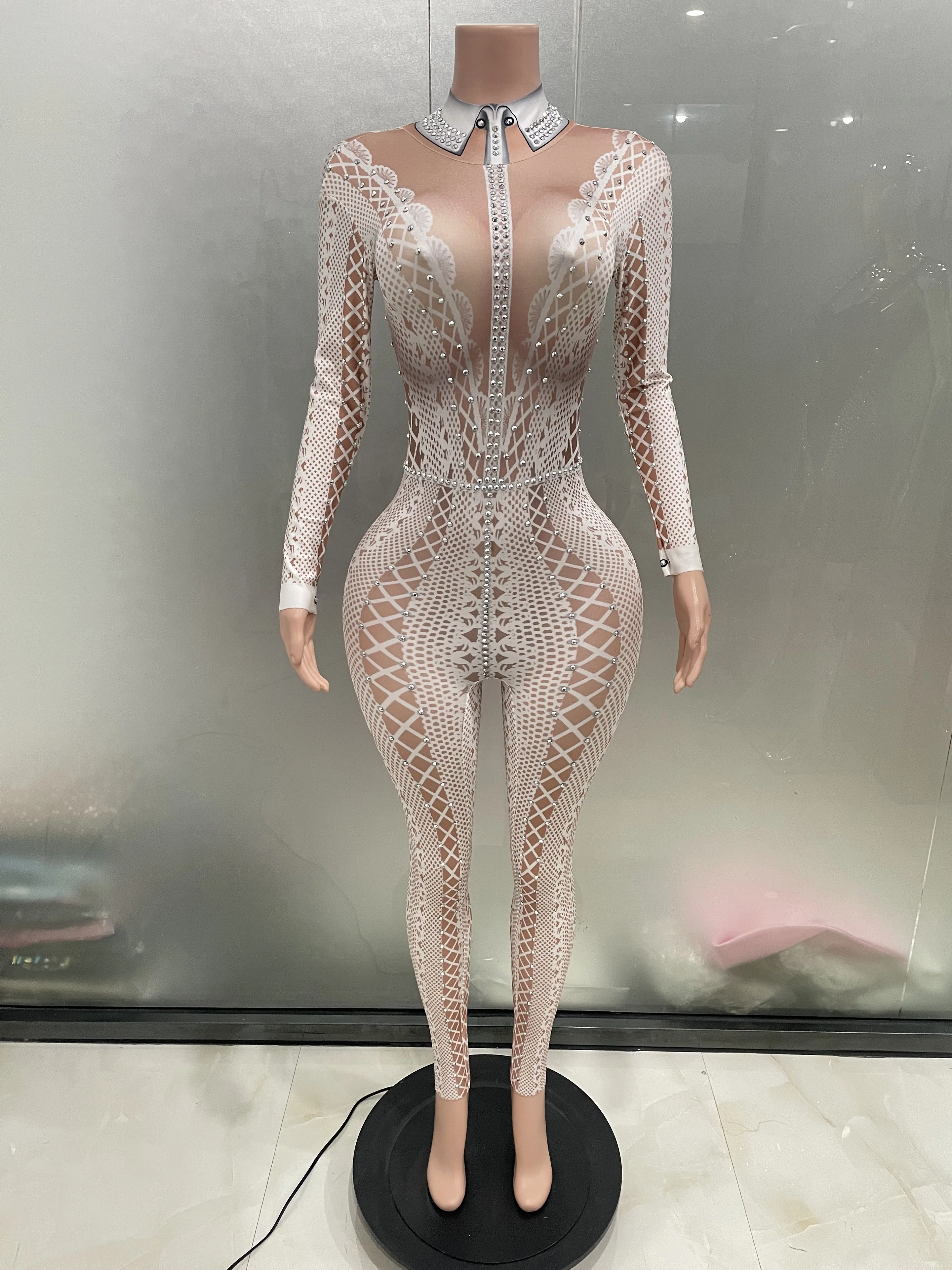 Stock Sparkling Rhinestones Long Sleeve Tights Jumpsuit 2025 Women Party Nightclub Dance Show Singer Stage Performance Costume