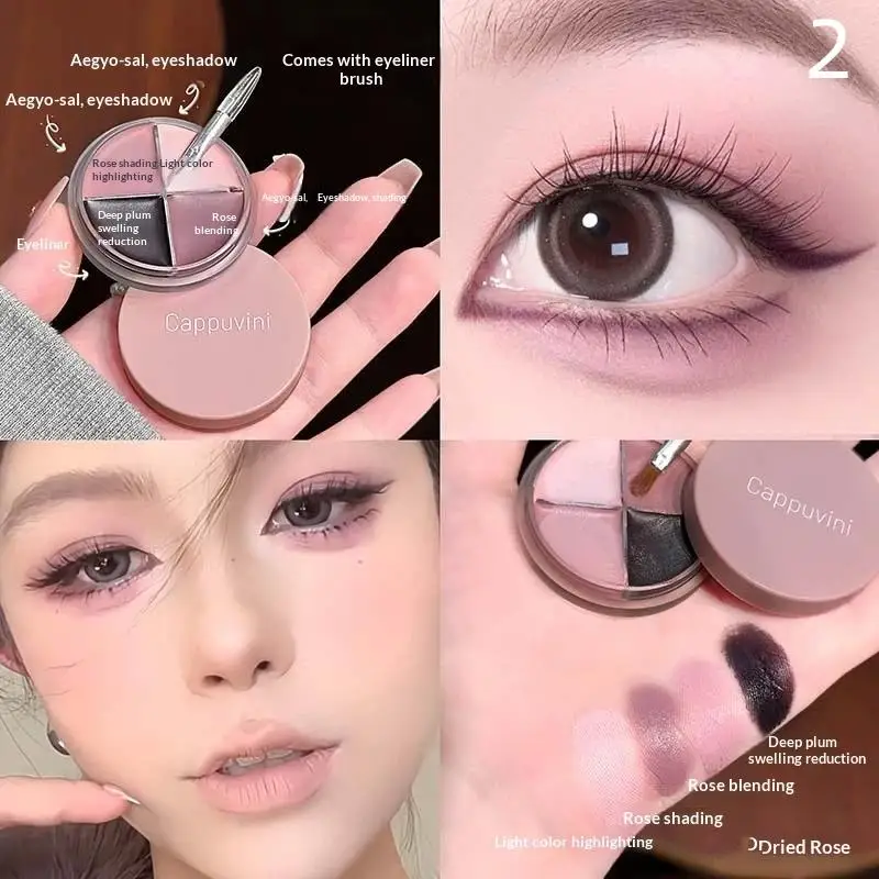 1Pc Cappuvini Matte Velvet Oogschaduwpalet 4 Kleuren met Eyeliner Highlighter en Contour Schattige Beauty Cosmetica Oogmake-up Set