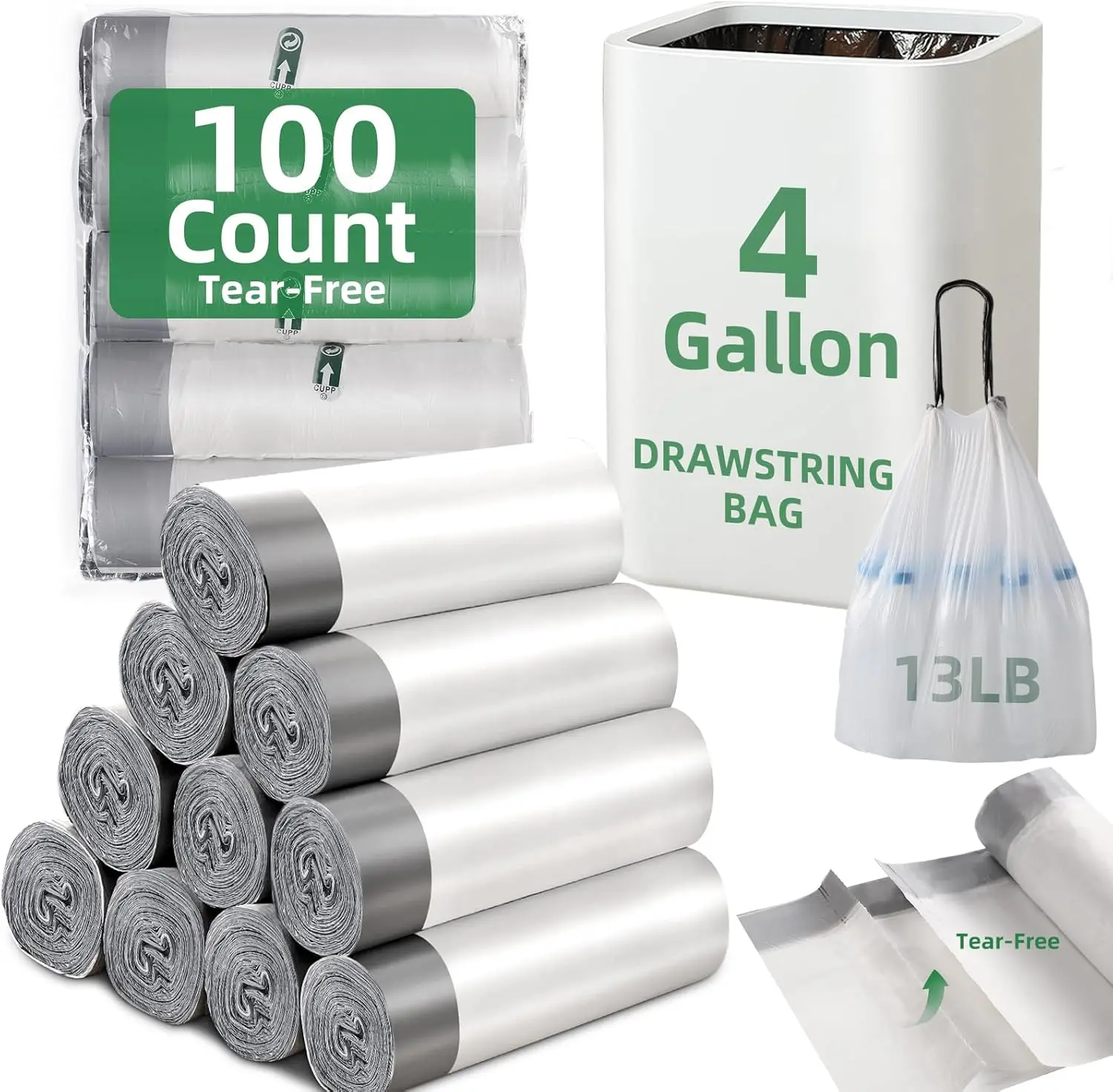 

Мешки для мусора с завязками, 4 галлона, 100 штук, плотные мешки для мусора для ванной, кухни, офиса