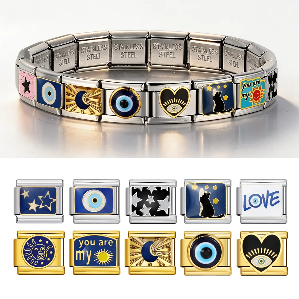 

New Stainless Steel Evil Eye Star Moon Sun Heart Italian Bracelet Charms DIY Making Beads Bracelet Women Men Fashion Jewelry