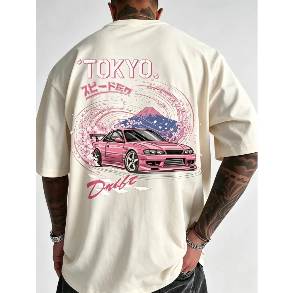2026 New Men Trendy Tokyo Drift JDM Graphic Print T-shirt, Racing Car Fuji Cherry Blossom Slogan Tops,
