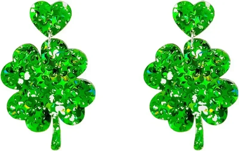 St Patricks Day Earrings Sparky Green Four Leaf Hat Shamrock Danlge Earrings for Women Girls Irish Holiday Gift