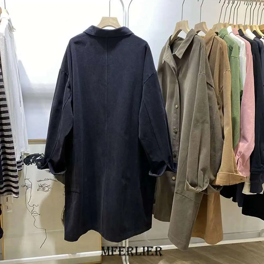 Plus Size 6XL 150kg Autumn Women Trench Solid Color Turn Down Collar Oversized Loose Vintage Streetwear Casual Windbreak Tops