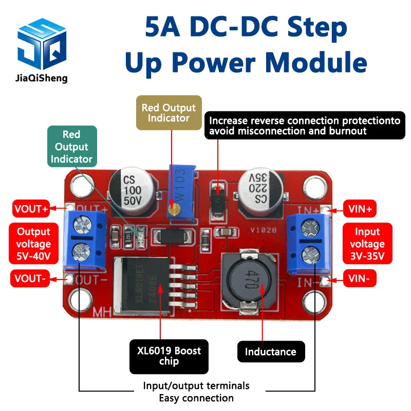 Módulo de fuente de alimentación DC boost XL6019, salida de módulo de fuente de alimentación estabilizada, 5V/12V/24V ajustable