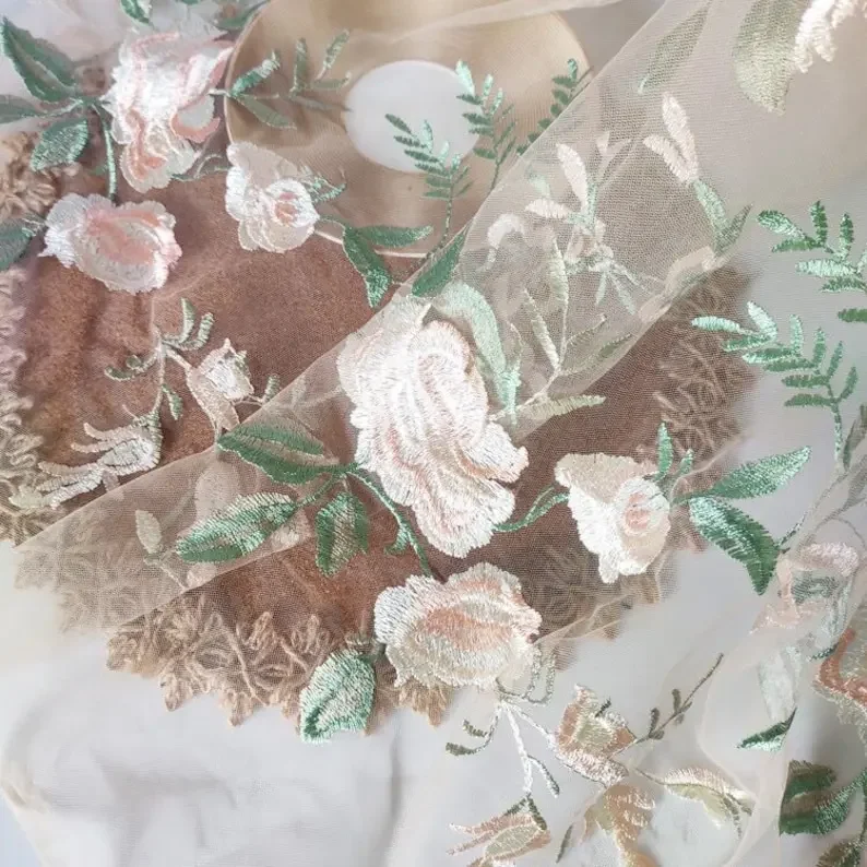 High quality flower Embroidery Lace Fabric Floral Soft mesh tulle fabric for Prom, Wedding gowns, Princess  , Haute Couture