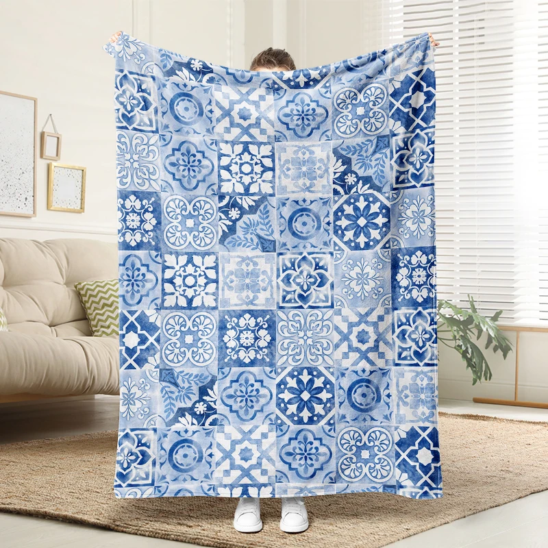 

Blue White Pattern Flannel Blanket Soft Plush Cozy Sofa Bed Decor Gift