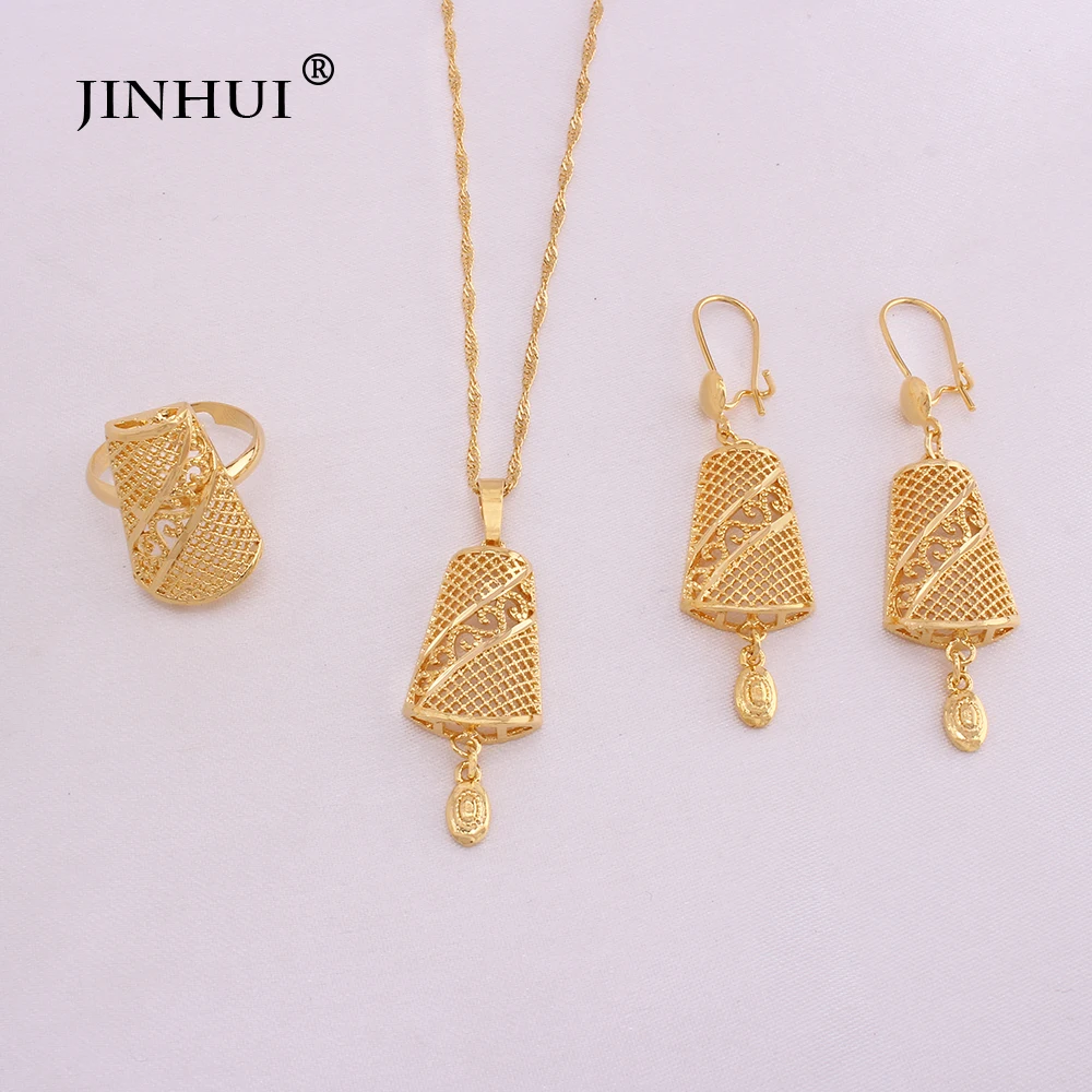 Dubai luxury gold plated jewelry sets for women India wedding gifts bridal Necklace set Pendant Earrings ring jewellery set