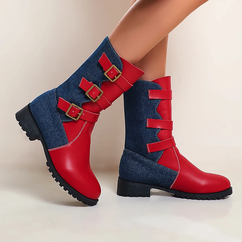 Plus Size Denim Stitching PU stivaletti con fibbia in metallo a tre file per donna Slip-On stivaletti alla moda in stile britannico 2023