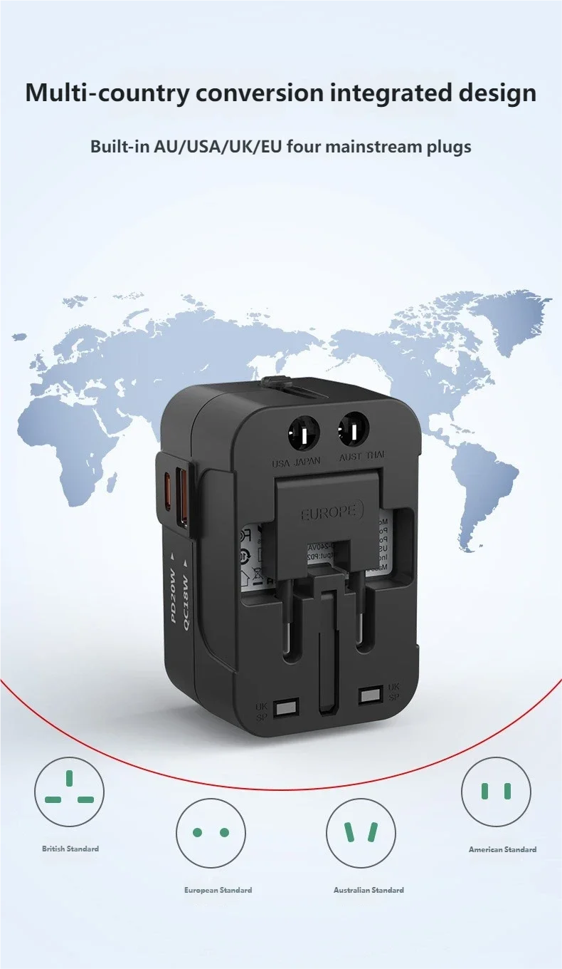 Global universal travel adapter with multi-functional socket converter and universal PD 20W fast charging plug