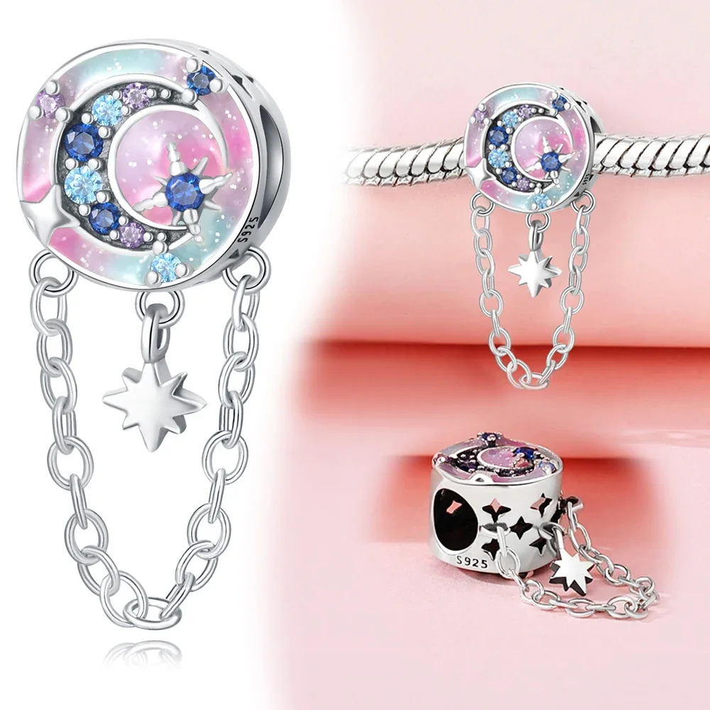 Breloques Pandora en argent regardé 925 pour femme, pendentif coeur violet, lune, planète, perles, bracelet original, bijoux