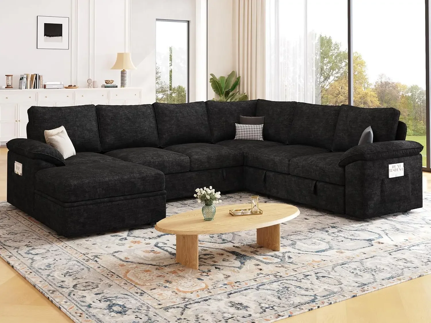 108'' Modular Sectional Sofa with Pull Out Bed, Sleeper Sofa, Black, Custom